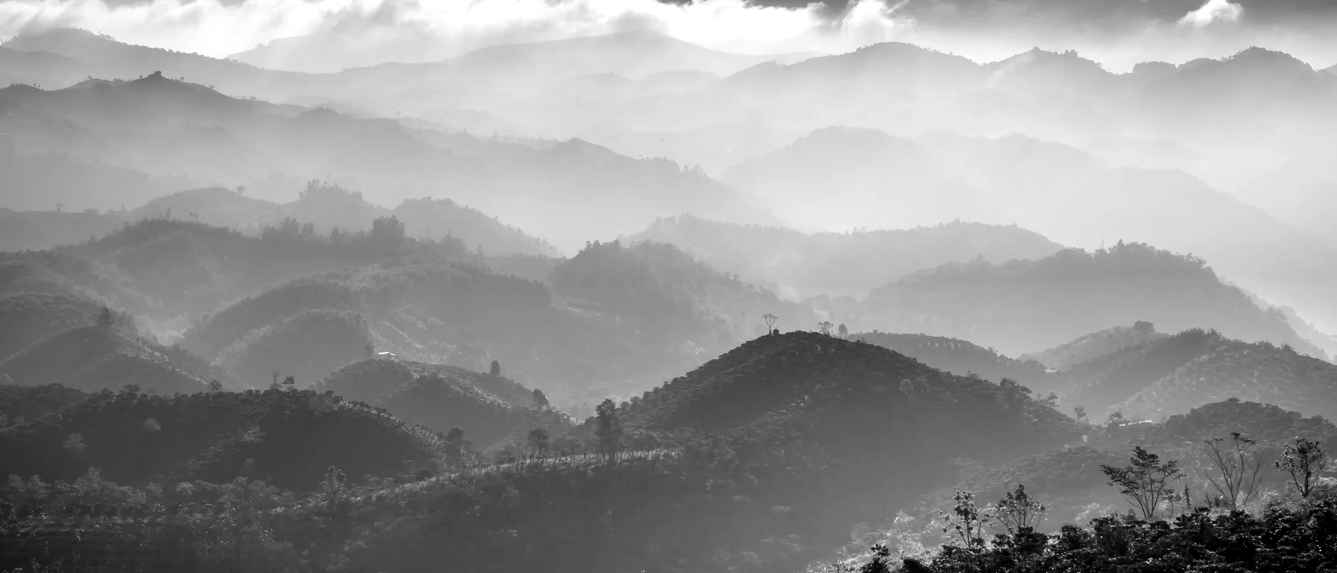 Dãy núi trùng điệp trong sương sớm, ảnh đen trắng